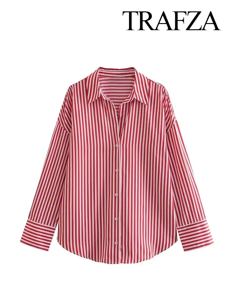 TRAFZA Autumn Women Casual Loose Poplin Blouses Multicolor Stripe Single Breasted Lapel Long Sleeve Shirts Chic Top Blouse