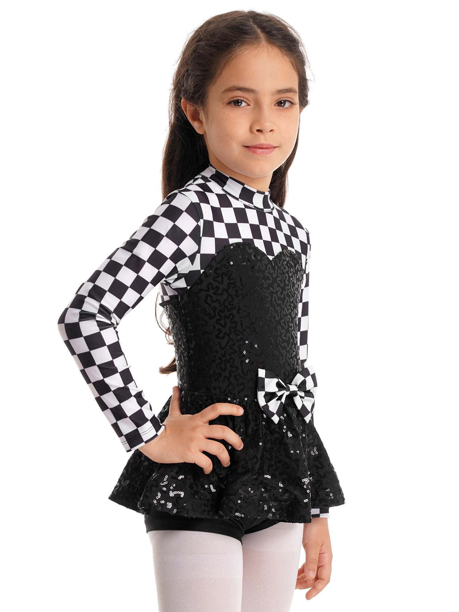 Girls Ballet Dress Sequins Checker Print Modern Jazz Latin Dance Leotard Dress for Stage Performance Halloween Racer Costume