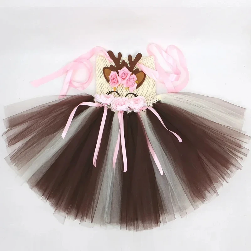 Pink Flowers Deer Costumes for Girls Christmas Holiday Tutu Dress for Kids Reindeer Xmas Outfit Children New Year Clothes Gift