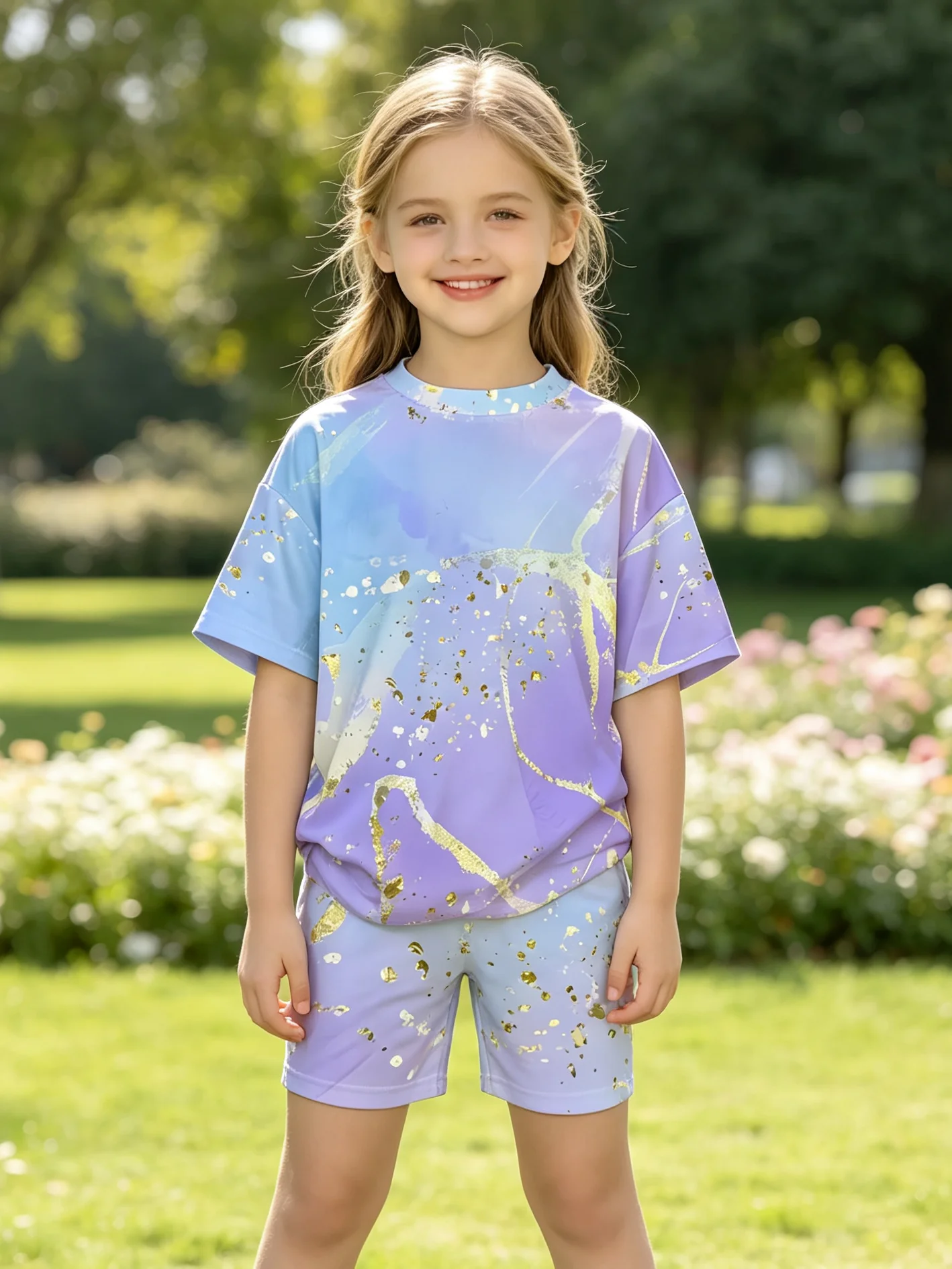 Summer Casual Elegant Girls' Blue Purple Gradient T-Shirt And Elastic Waist Shorts Set Short Sleeved Gold Foil Dyed Print