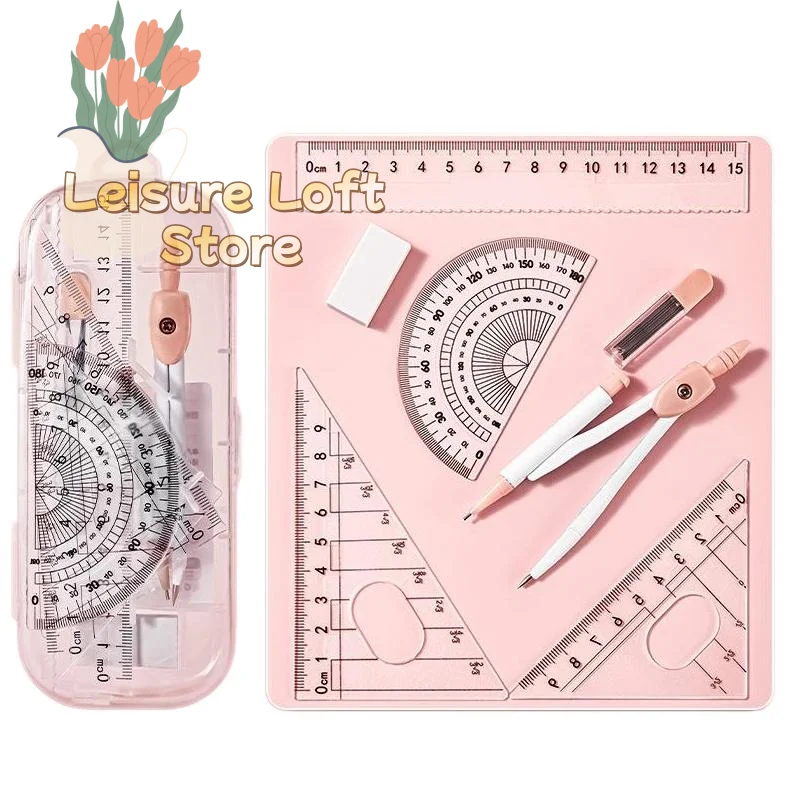 Drawing Geometry Tool Set 3/8Pcs Shatterproof Plastic Ruler Compasses Eraser for School Office Art Design