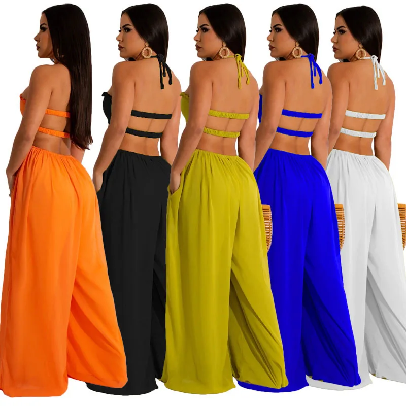 MUSERA Boho Ruched Bust Extreme Wide Leg Jumpsuit Boho Spring Summer Vacation Beachwear Ibiza