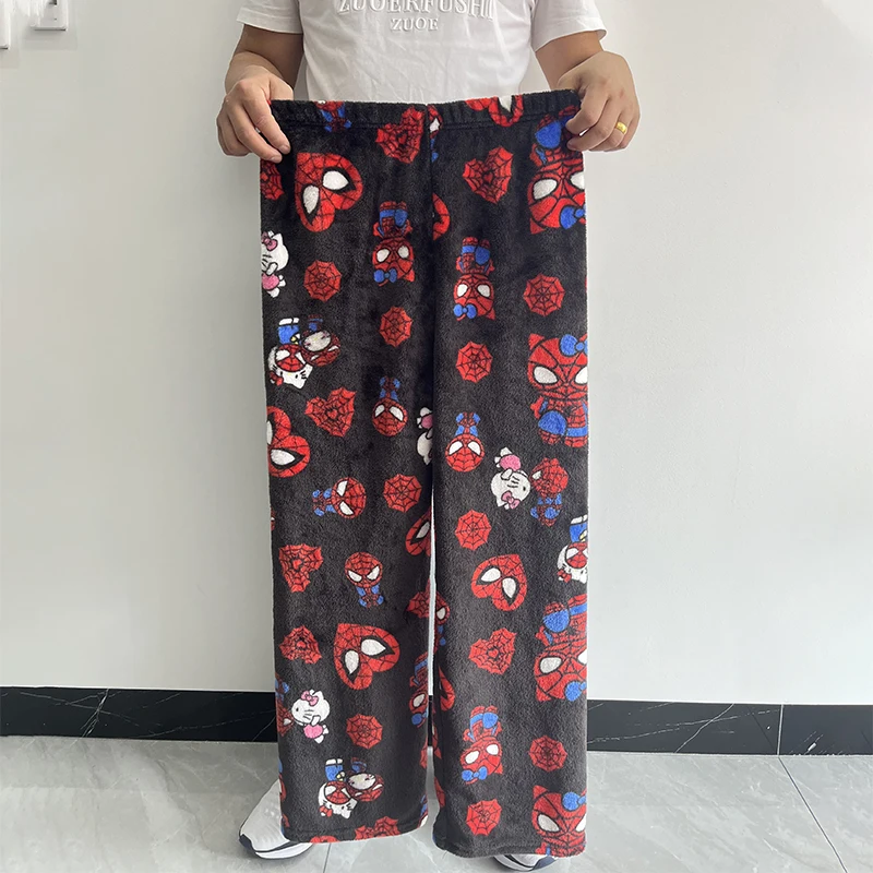 Hello Kitty Spider-man Cotton Velvet Loose Pajamas Pajamas Long Pants Women's And Men's Cartoon Sleeping Casual Wear