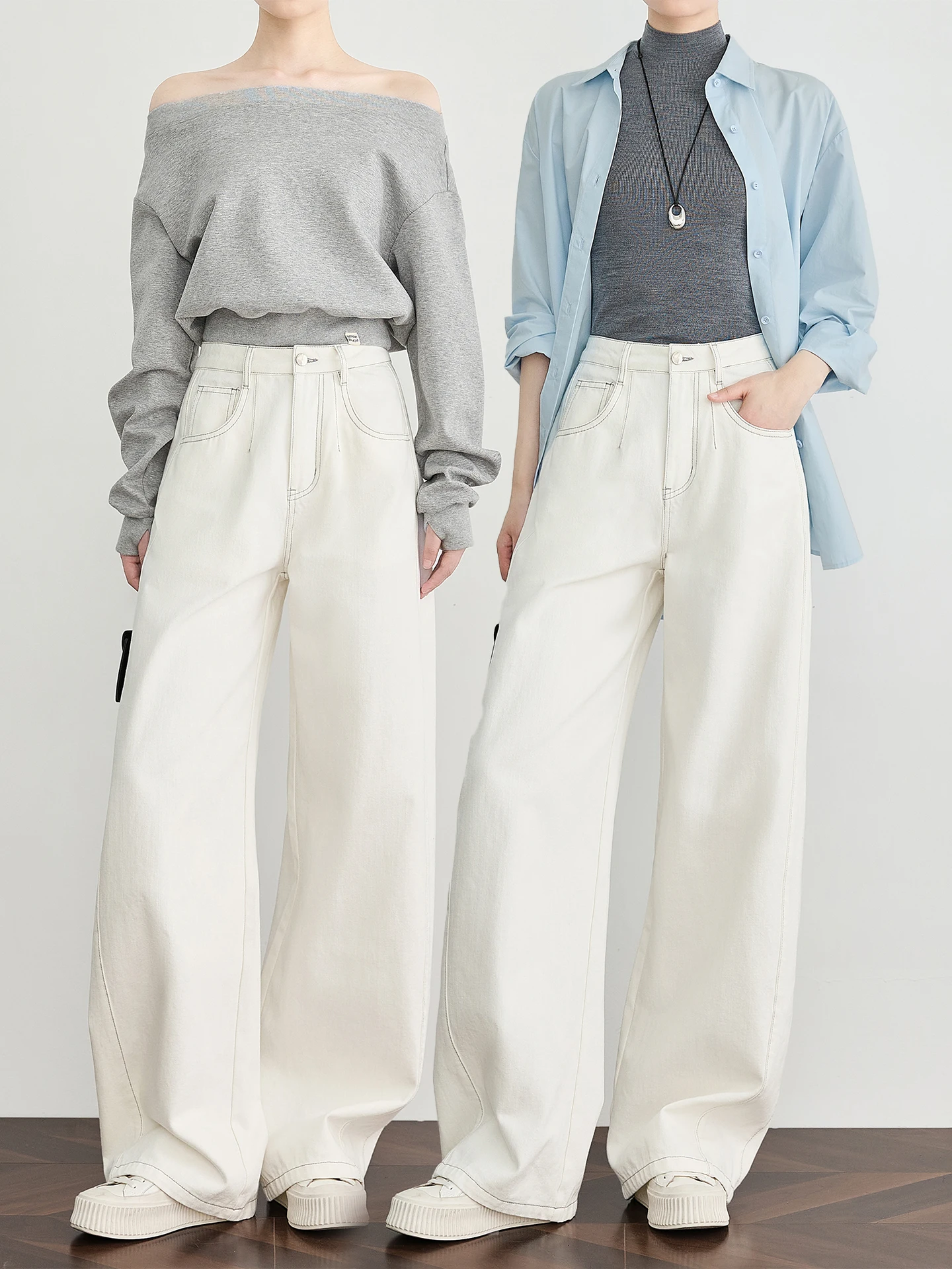 

TUMPUS White High Waist Wide Leg Jeans Women's Spring Casual Cotton Denim Knife Design Walking with Wind Sle