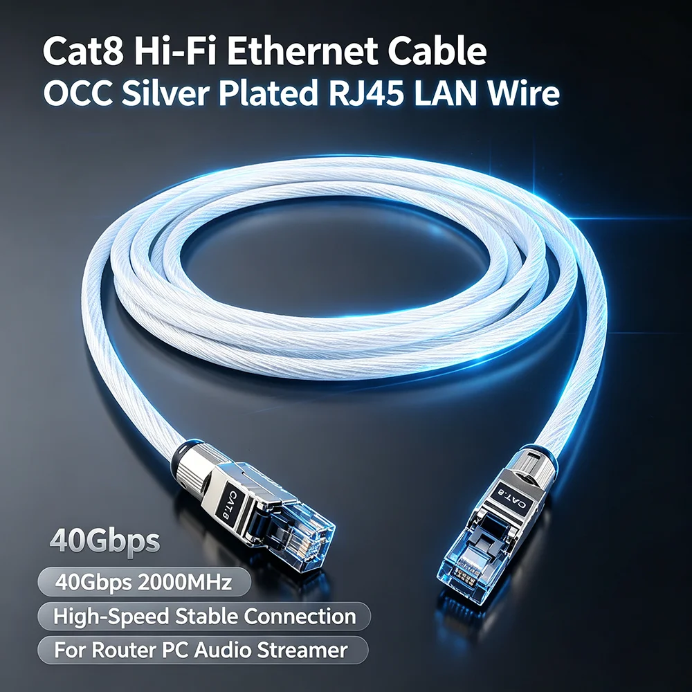 HiFi Audiophile Cat8 Network Cable OCC Silver Plated RJ45 LAN Ethernet Cord 40Gbps High‑Speed for Audio Streamer Router PC