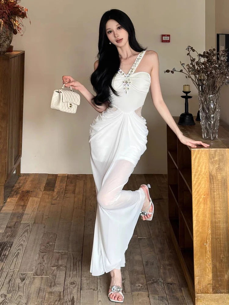 RORORIRI 쉬어 메쉬 스티치 레이스 다이아몬드 탱크 드레스 여성 오프 숄더 플리츠 슬림 Bodycon 인어 롱 드레스 섹시한 파티 의류