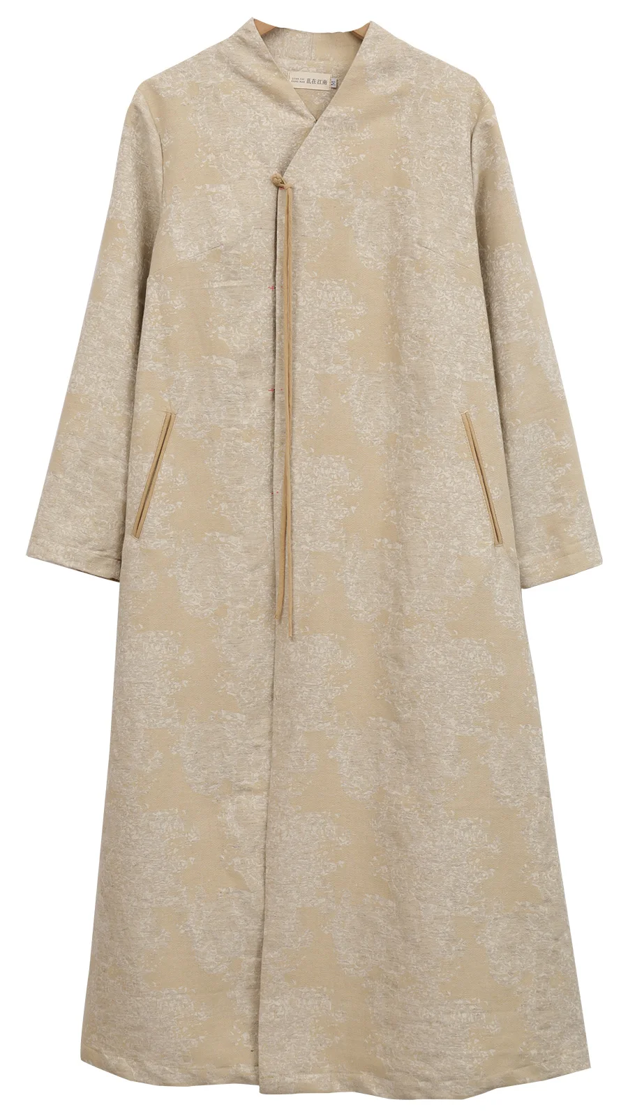 

Women's Spring linen literary and retro long trench coat loose patchwork Women's Spring linen literacotton and linen design coat