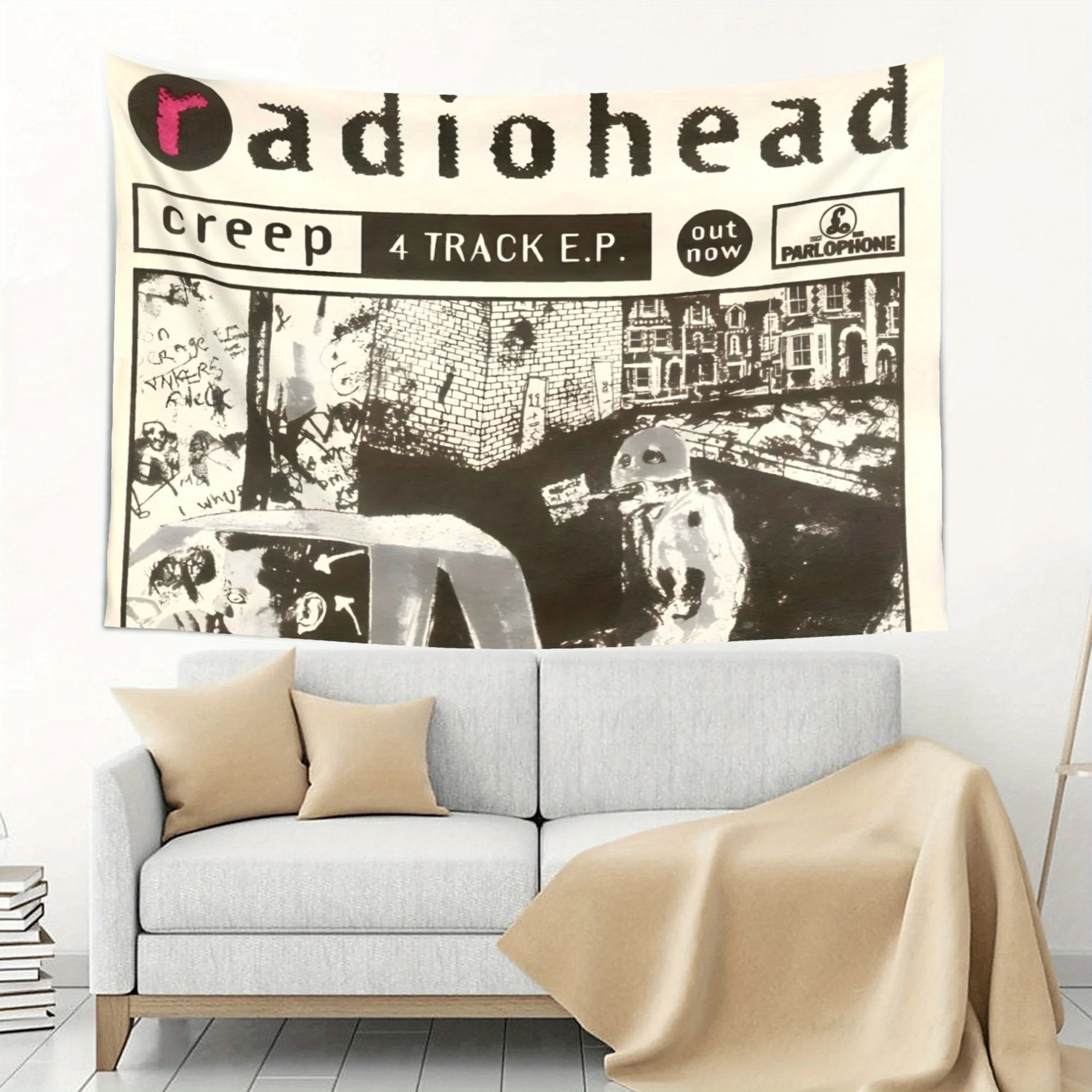 Radiohead Creep 4 Track EP Vintage Album Cover Tapestry, Retro Rock Band Black White Poster Wall Hanging, Polyester Fabric Wall