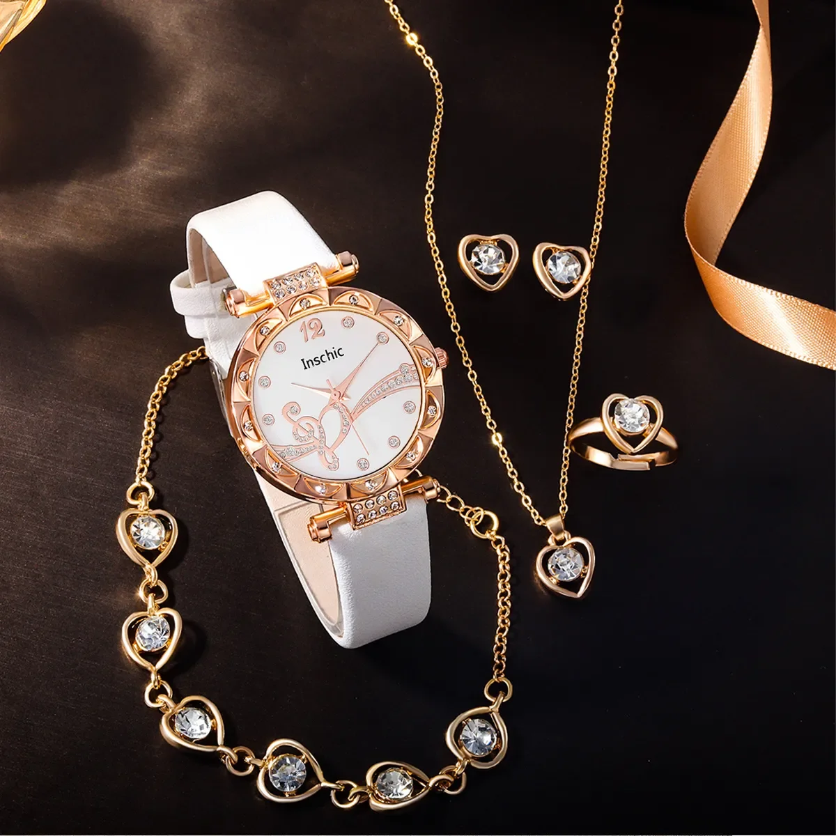 6 PCS New Lxury Love Rhinestone Jewelry Ladies Ring Necklace Earrings Bracelet Set Simple Digital Leather Strap Quartz Watch