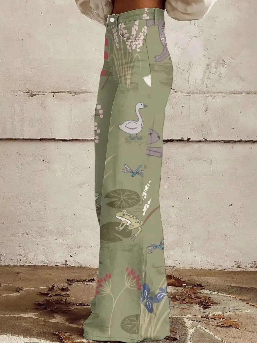 

Nature Inspired Floral And Animal Print Wide Leg Jeans For Women Spring Summer Casual Outfit