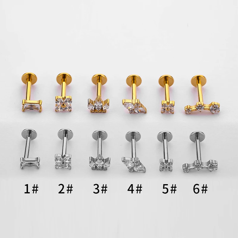 1 قطعة G23 التيتانيوم ثقب Labret مسمار هندسية الزركون إدراج دفع دبوس الشفاه القرط اللولب محارة الغضروف الزنمة ثقب المجوهرات