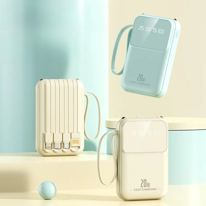 20000mAh Power Bank with Color Screen & 4 Built-in Cables All-in-One Portable Power Bank  Fast Charging