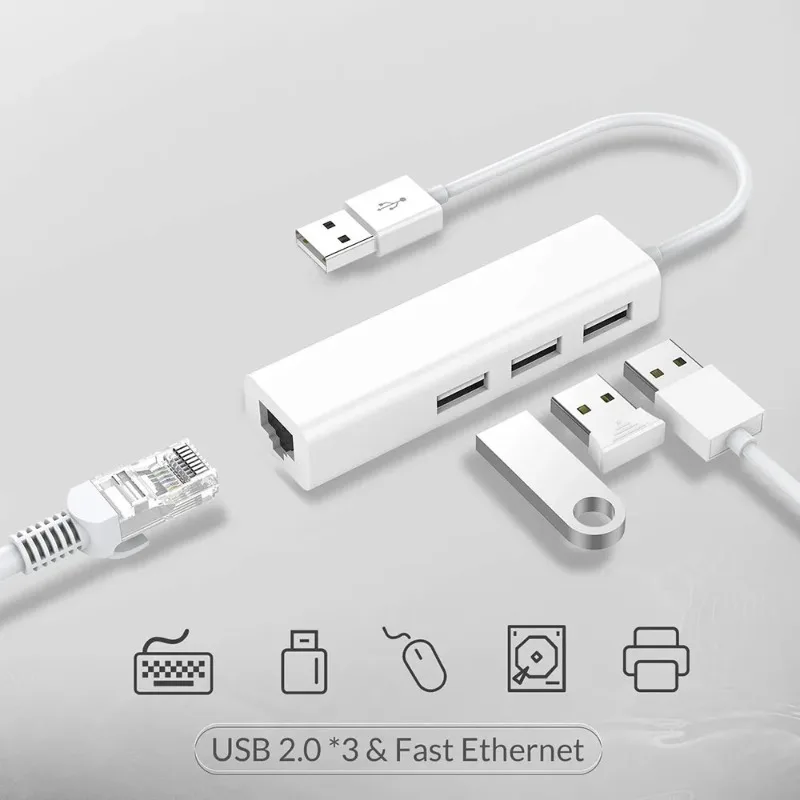 USB Ethernet z 3 portowy HUB USB 2.0 RJ45 karta sieci Lan USB do Adapter sieci Ethernet dla komputerów Mac z systemem iOS Android PC RTL8152, HUB USB 2.0