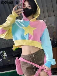 KOSAHIKI Vintage CroppedHoodies Women Contrast Star Patchwork Sweatshirt 2024 Autumn Harajuku Y2k Pullover Loose All Match Top