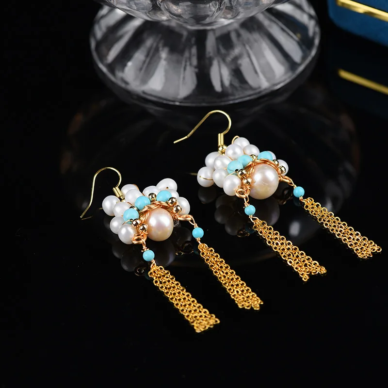 Chinoiserie Style Beijing Opera Facial Makeup with Freshwater Pearls Copper Metal Tassel Jewelry Set DIY Earring Necklace