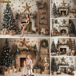 Retro Fireplace Photography Background Christmas Room Gold Xmas Star Pine Tree Gift Wooden Backdrop Kids Birthday Photo Studio