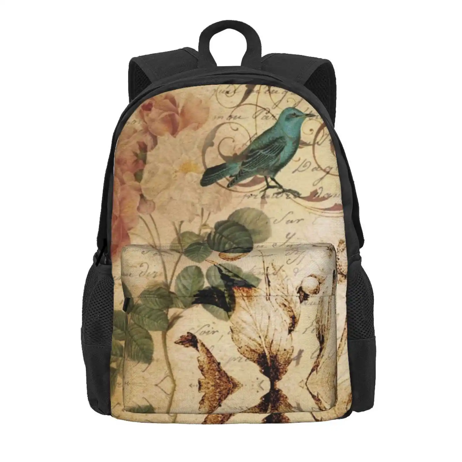 Cottagecore Modern Vintage Rose Bird French Botanical Art Hot Sale Schoolbag Backpack Fashion Bags Shabby Chic Vintage Bird