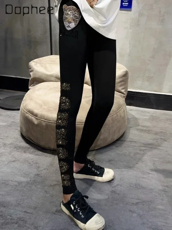 Tiger Head Leggings Autumn New Luxury Trend Brand Hot Diamond Black Pant Embroidery Letter Pants Womens Leggings High Waisted