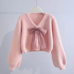 Sweet Bow Knitting Cardigan Spring Autumn New Long Sleeve V Neck Solid Color Loose Youth Sweater Fashion Cute Women Clothing