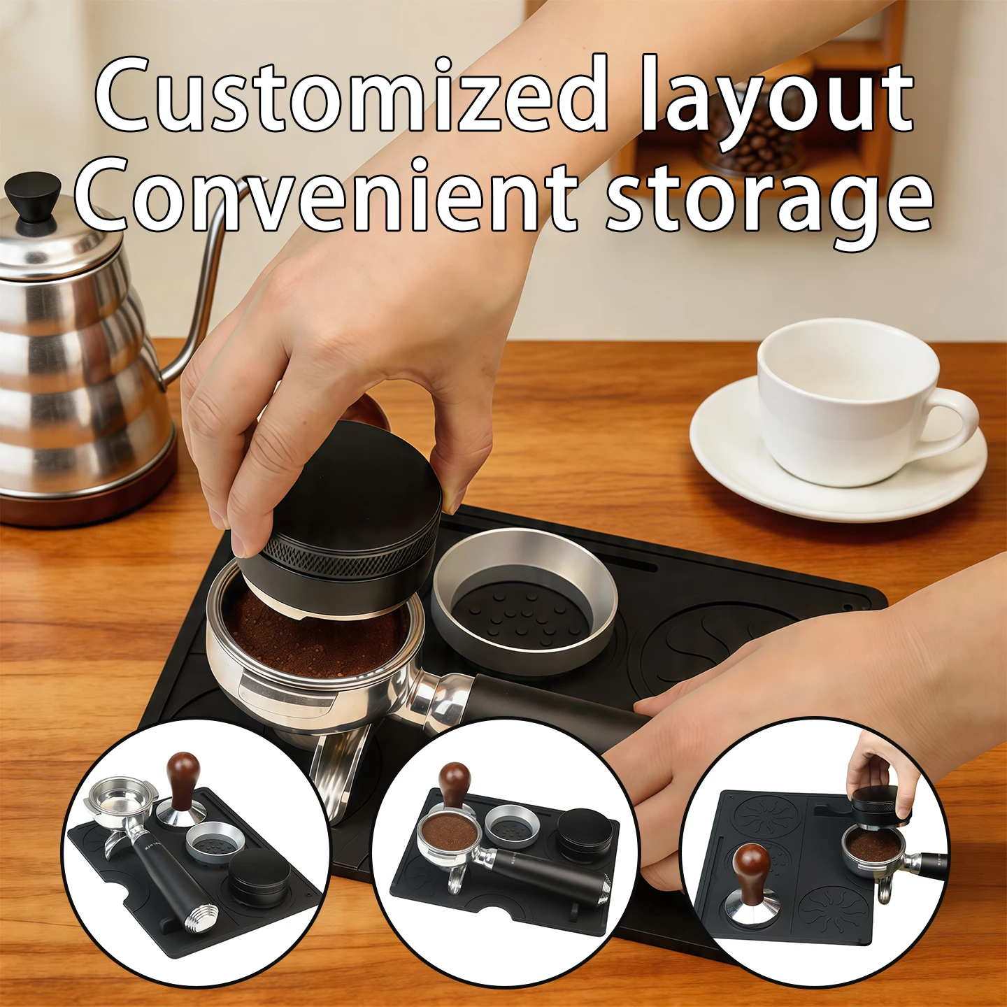 Silicone coffee tamping mat, non-slip espresso tamper pad with multi-function grooves, bar counter accessories,