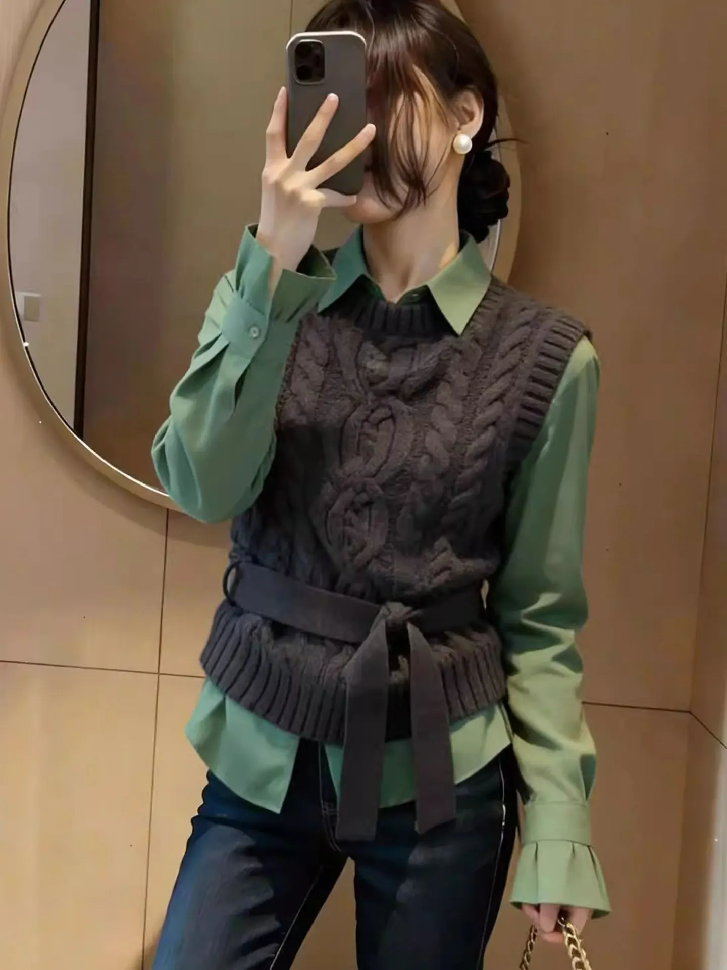 

Женский вязаный жилет Ele Color с круглым вырезом, весенний модный топ с завязками на талии, комфортный, средней мягкости, в корейском стиле