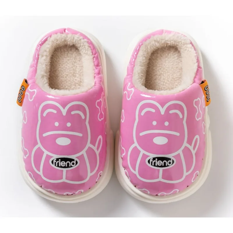 Zapatos de invierno de oso de dibujos animados para niños, zapatillas de piso cálidas de felpa para niños y niñas, suela suave antideslizante, Zapatillas de casa de PU para niños