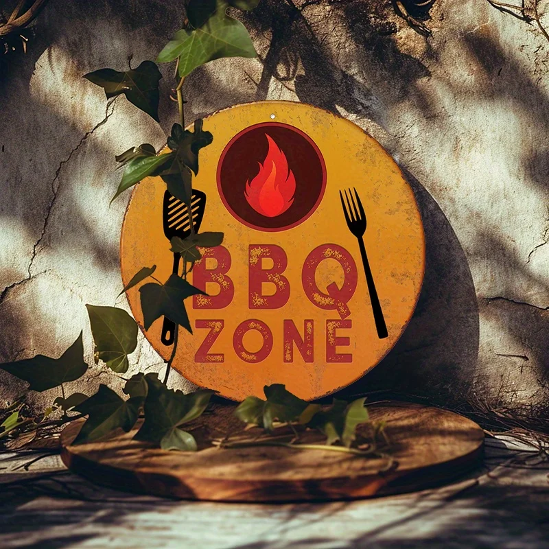 Retro BBQ Metal Tin Sign 7.87in Round Grill Wall Art Flame Logo BBQ Letters Weatherproof Indoor Outdoor Decor for Home Man Cave