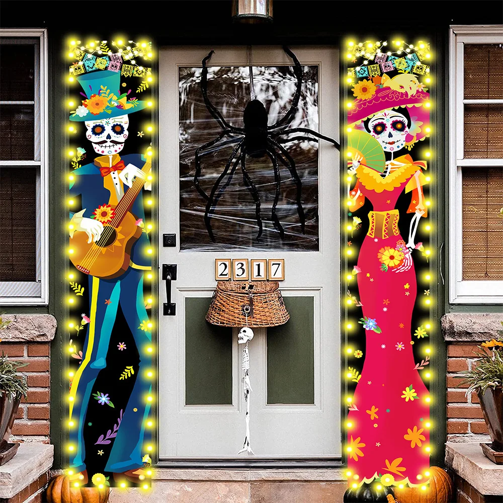 

Mexican Day Of The Dead Porch Sign Led Halloween Hanging Door Curtain Banner Party Decoration Tradition Flags Skeleton Couple