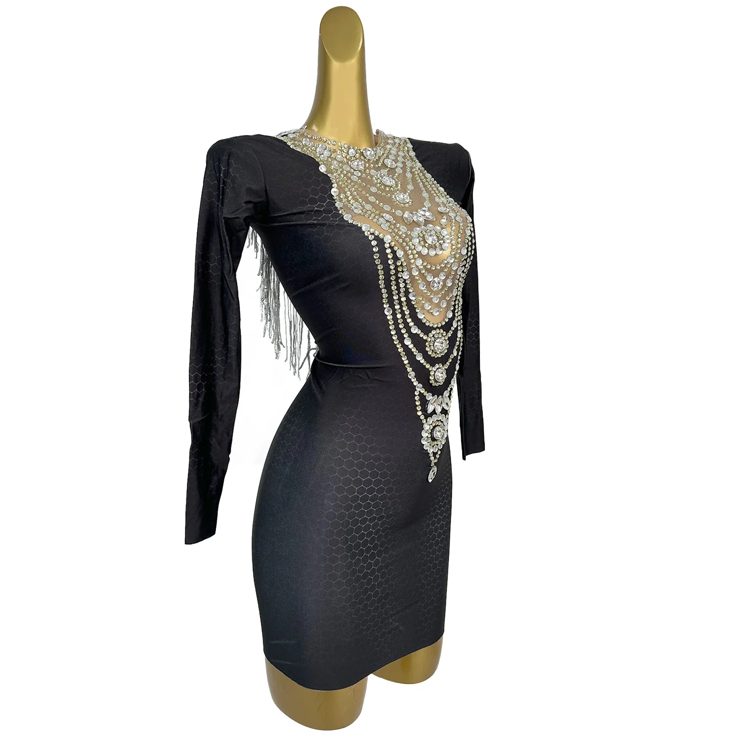 Leizhui Black evening dress new high-end spandex retro party dress silver rhinestone see through mesh splicing birthday dress