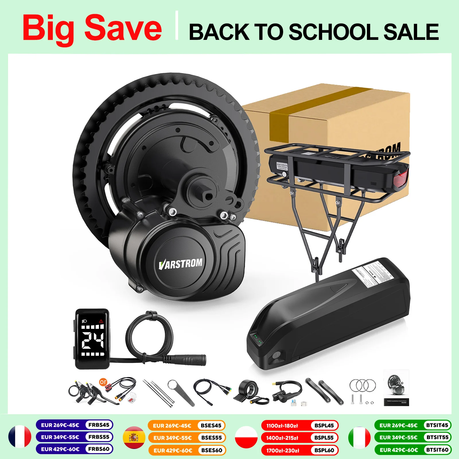 Varstrom x Tongsheng 250W 500W 750W 1000W TSDZ2B TSDZ8 Kit Ebike 36V 48V Sensore di coppia motore Motore centrale Batteria al litio Ebike