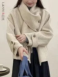 LANMREM Korean Style Wool Short Coat Women Scarf Collar Design Single Breasted Clothing Fashion Female 2024 Winter New 2VV101