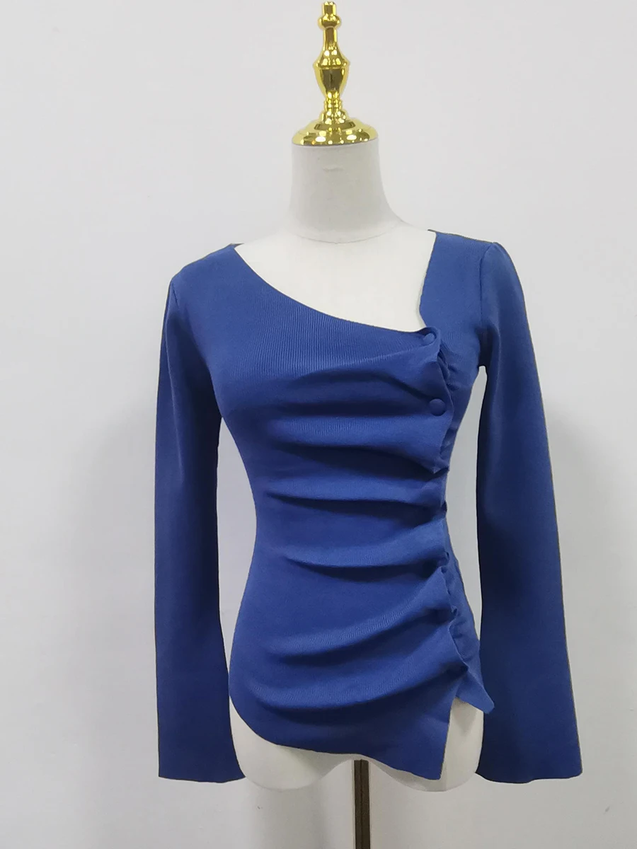 TWOTWINSTYLE Solid Spliced Folds Designer T Shirt For Women Skew Collar Long Sleeve Patchwork Buttons Chic T Shirts Female New