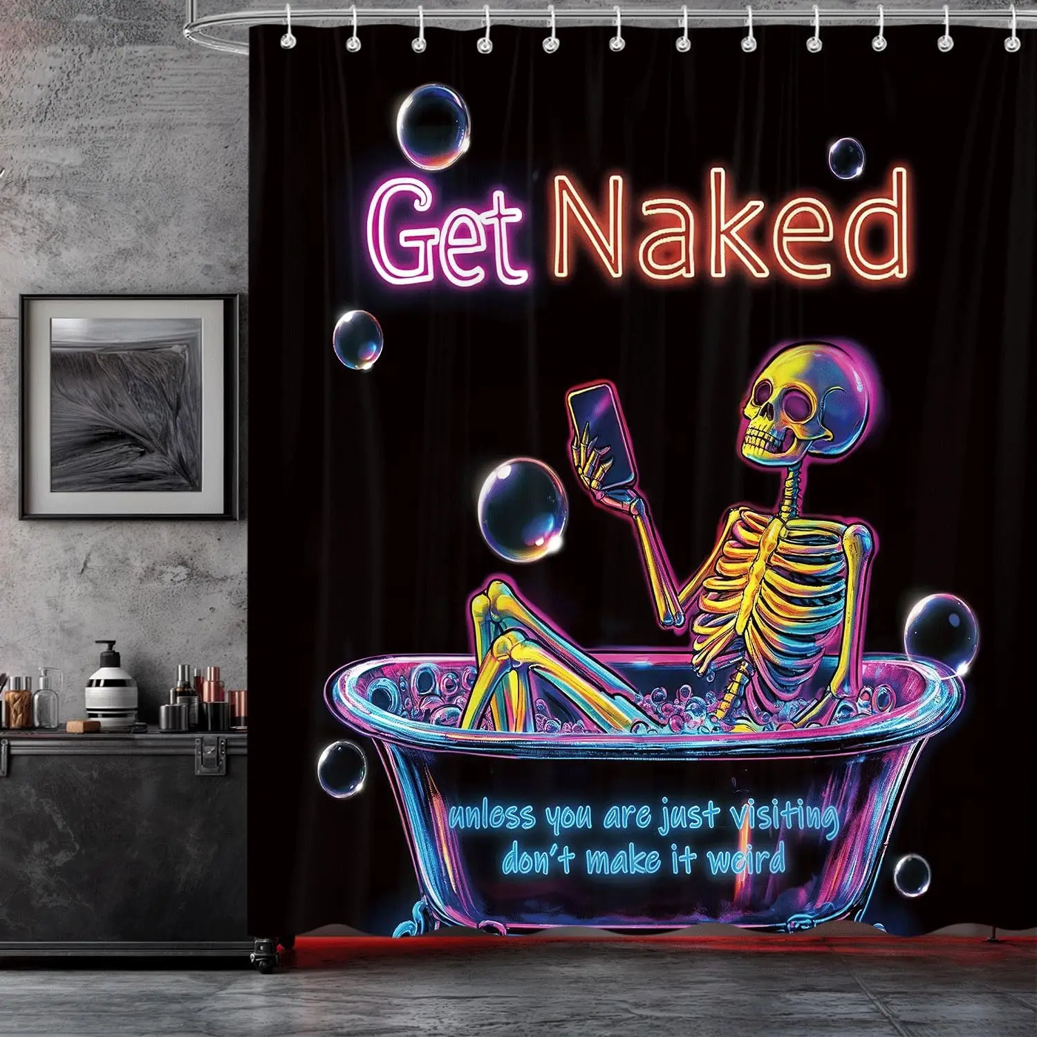 Funny Halloween Shower Curtain, Neon Cool Black Gothic Skull Skeleton Witchy Bathroom Curtains Fun Colorful Bubbles Unique