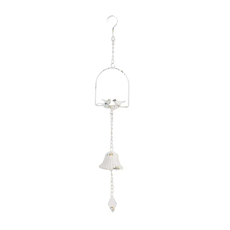 Decorative Bird Bell Wind Chime, Distressed White with Blue and Gold Accents, Metal Iron, 67cm Height, Vintage Hanging Garden De