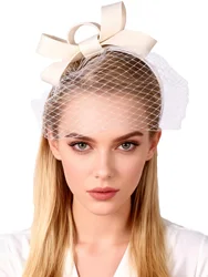 FS Fascinators White Wedding Hats For Women With Veil Bowknot Cocktail Tea Party Wool Fedora Lady Elegant Church Dress Derby Cap