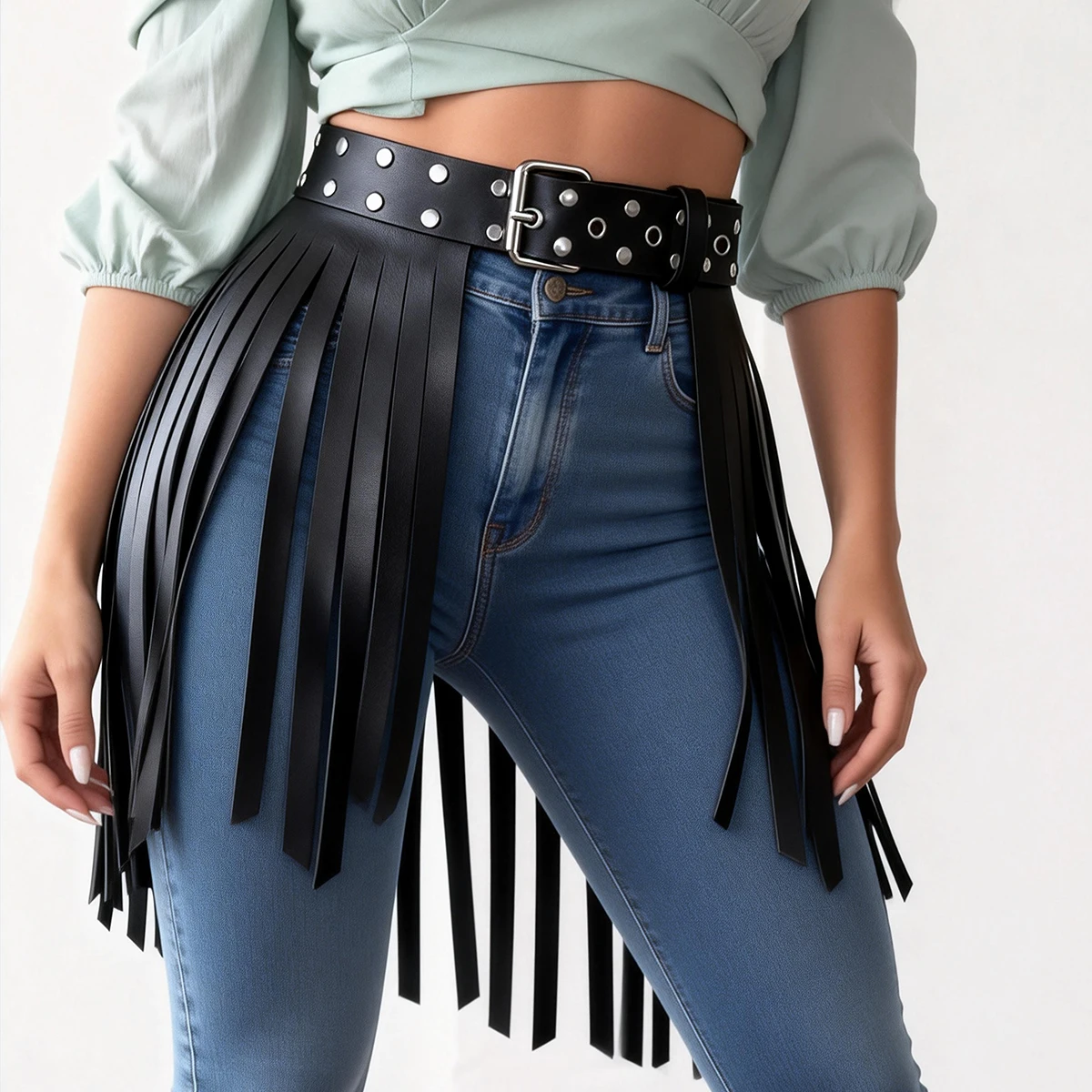 

Женский кожаный ремень с бахромой, ремень с заклепками и кисточками, универсальный модный аксессуар для образов в стиле вестерн и повседневных нарядов