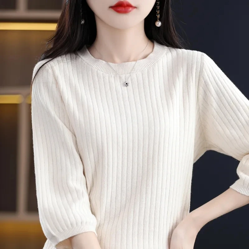 Female Autumn Seven Points Sleeve Knitted Outwear Women Round Neck Sweater Coat 2024 Ladies Pullover Knit Sweater Jacket