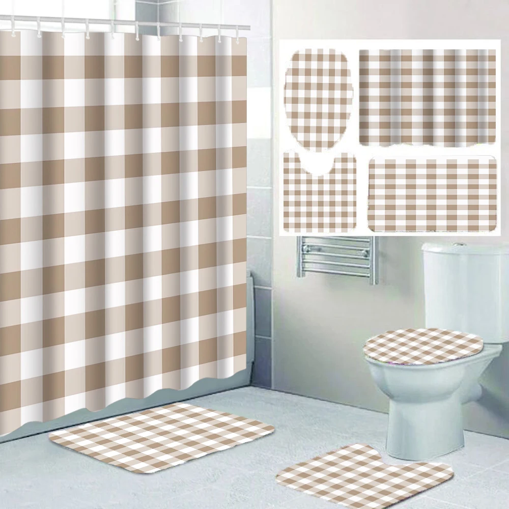 

1/4 Geometric grid shower Curtains, Toilet Seat Decoration, Shower Curtain with Carpet and Toilet Lid, 70.8x70.8 inch