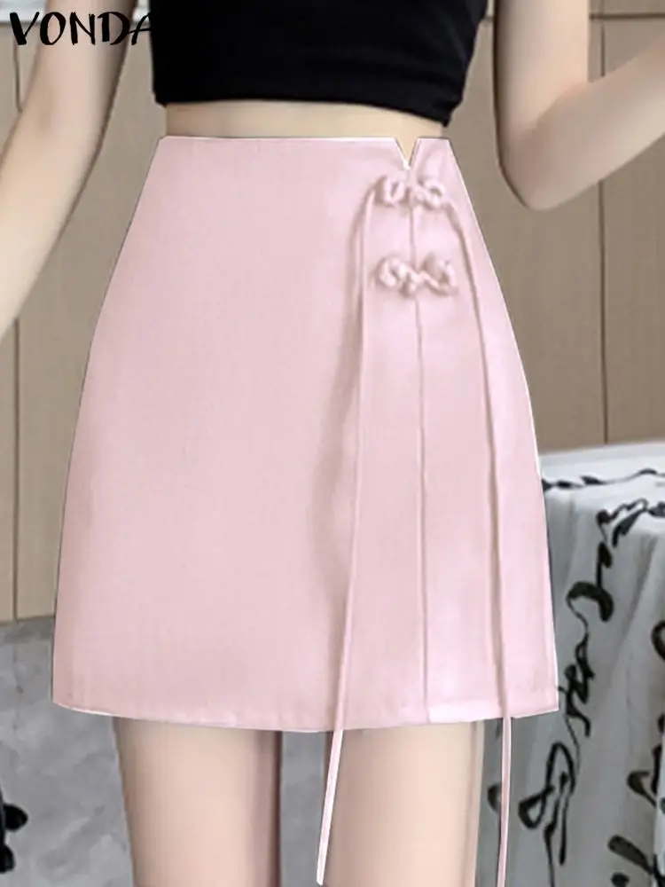 

VONDA Women Skirts 2024 New Chinese Style Fashion Sexy A-Line Satin Party Skirts Bow Solid Color Elegant Hot Mini Bottoms