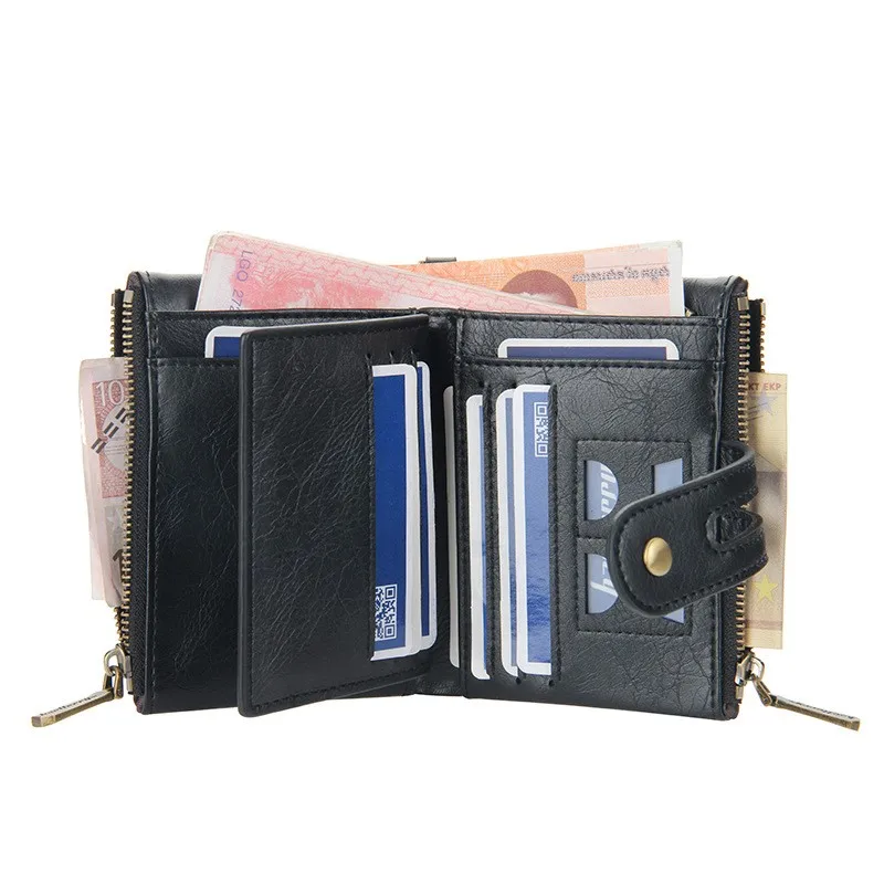 Premium Men's Short Wallet Large Capacity Anti-Lost Chain Double Zipper Purse Multiple Card Slots