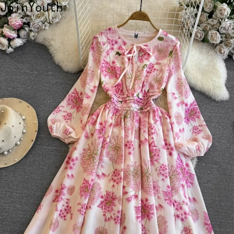 Elegant Women Dresses Slim Waist Long Sleeve O-neck Vintage Robe Femme 2024 Vestidos De Mujer A-line Big Swing Floral Maxi Dress