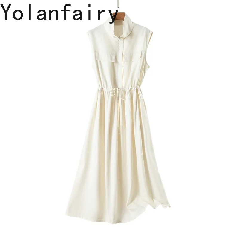 

YOLANFAIRY Light Mature 100% Mulberry Silk Dresses 2025 Woman Jacquard Office Wear Vest Dress Sleeveless Summer Dresses vestidos