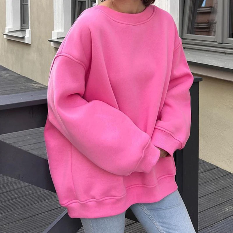 FADDISH 2024 Autumn Winter Women Fashion Loose Round Neck Fleece Sweatshirts & Hoodie Female Solid Color Casual Top Pullover