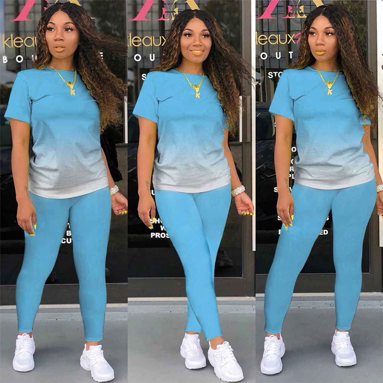 Womens Fashion Short Sleeve T-shirt and Tight-fitting Pants 2pc Set Tracksuit Ladies Sports Jogging Suits Outfit