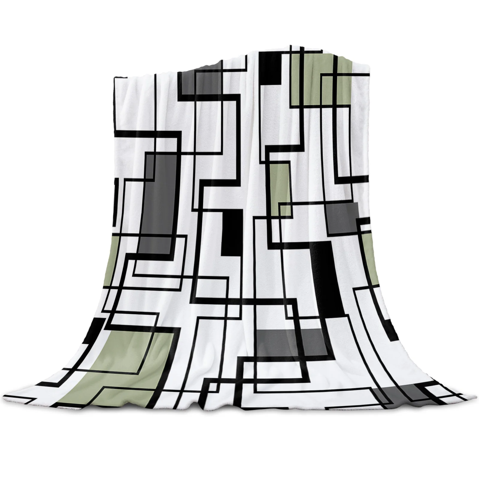 Abstract Geometry Blocks Modern Art Sage Green Printed Throw Blanket Flannel Fleece Blankets Sofa Couch Bed Bedroom Bedspread