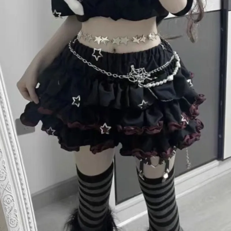 

Японская Лолита, черная, красная юбка Jk для женщин Y2k E-Girl, юбки трапециевидной формы с высокой талией и рюшами, тонкие Faldas Mujer, новинка лета 2023 г.