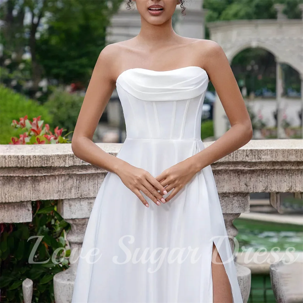 Simples uma linha vestidos de casamento cetim querida pescoço vestidos de noiva sexy fenda longo vestido de noiva personalizado para mujer