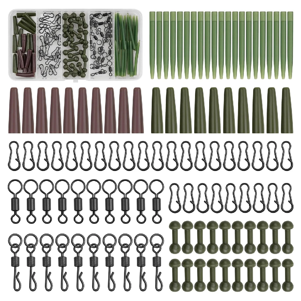 

110pcs Carp Fishing Helicopter Rig Accessories Anti Tangle Sleeves Quick Change Swivels Clips Tail Rubber Terminal Carp Tackle