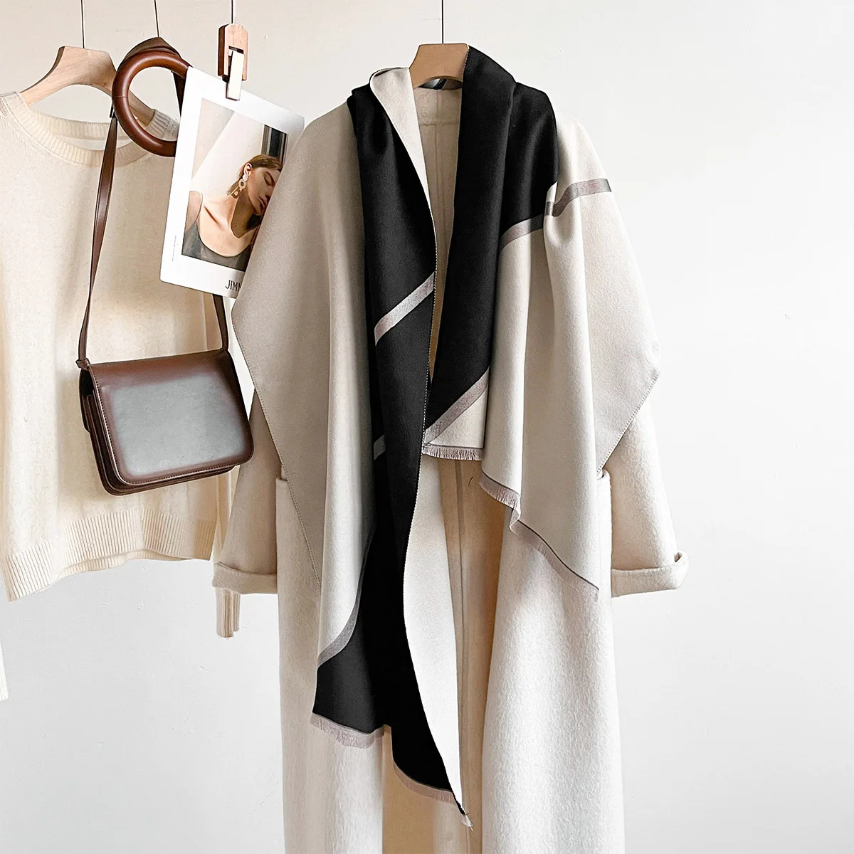 Scarf Women Faux Cashmere Geometric Color Block Shawl Wrap Neck Warmer Short Fringe Stole Winter Autumn Commuter Daily Outerwear