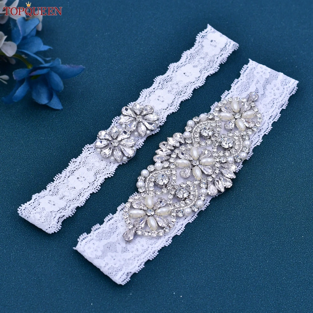 TOPQUEEN Wedding Garter Belt Handmade Elastic Lace Rhinestone Applique Bridal Leg Garter for Women Bride Thigh Harness Belt S76